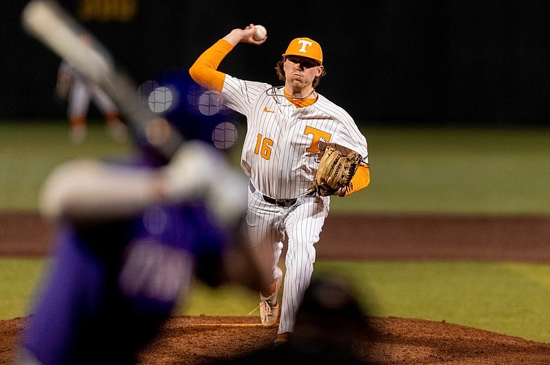 Tennessee Athletics photo / Tennessee pitcher and former Cleveland High standout Camden Sewell pitches to LSU during a 9-8 win by the Volunteers in late March inside Lindsey Nelson Stadium. The Vols and Tigers meet again this weekend in an NCAA super regional.