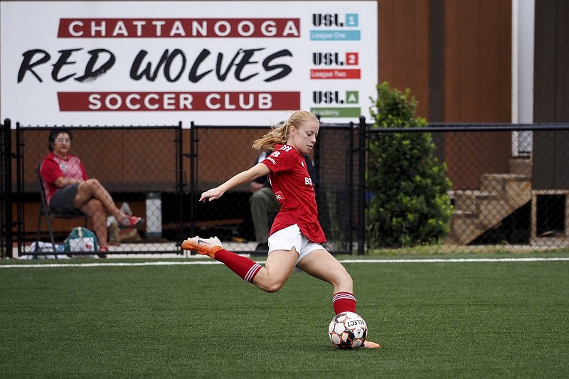 Staff photo by C.B. Schmelter / Chattanooga Lady Red Wolves Soccer Club's Lauren Weimer (15) plays the ball against North Alabama Soccer Coalition during a Women's Premier Soccer League match at CHI Memorial Stadium on Sunday, June 6, 2021 in East Ridge, Tenn.