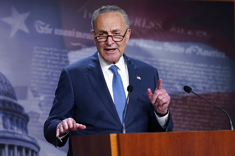 Senate Majority Leader Chuck Schumer, D-N.Y., speaks to reporters at the Capitol in Washington. Schumer warned his Democratic colleagues that June will "test our resolve" as senators return Monday to consider infrastructure, voting rights and other priorities. Six months into Democrats' hold on Washington, the senators are under enormous pressure to make gains on Democrats' campaign promises. (AP Photo/J. Scott Applewhite, File)