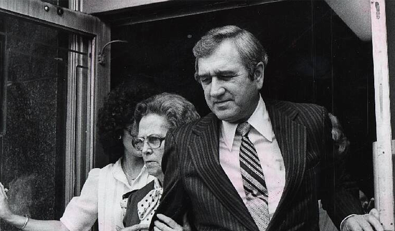 Former Gov. Ray Blanton leaves the federal courthouse with his mother, Mrs. Ova Blanton, during the noon break in his seven hours of testimony in his own defense. Tennessean photo/Jimmy Ellis