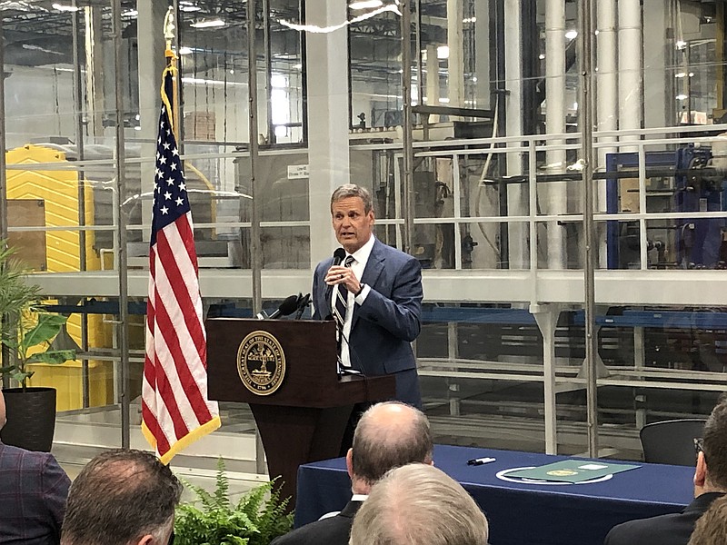 Tennessee Gov. Bill Lee addresses attendees at his ceremonial signing of a permitless handgun-carry law during a June 2, 2021, event at the Beretta USA gun manfacturing plant in Gallatin, Tenn. (Photo by Andy Sher/Chattanooga Times Free Press).