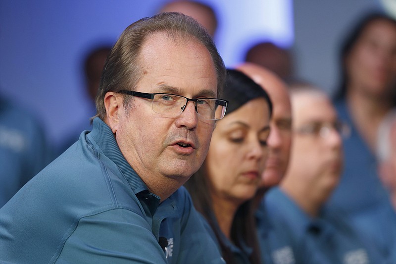 FILE - In this July 16, 2019, file photo, Gary Jones, United Auto Workers President, speaks during the opening of their contract talks with Fiat Chrysler Automobiles in Auburn Hills, Mich. Jones was sentenced to 28 months in prison for scheming to embezzle hundreds of thousands of dollars in union dues. U.S. District Judge Paul Borman in Detroit sentenced the 64-year-old Jones on Thursday, June 10, 2021. (AP Photo/Paul Sancya, File)
