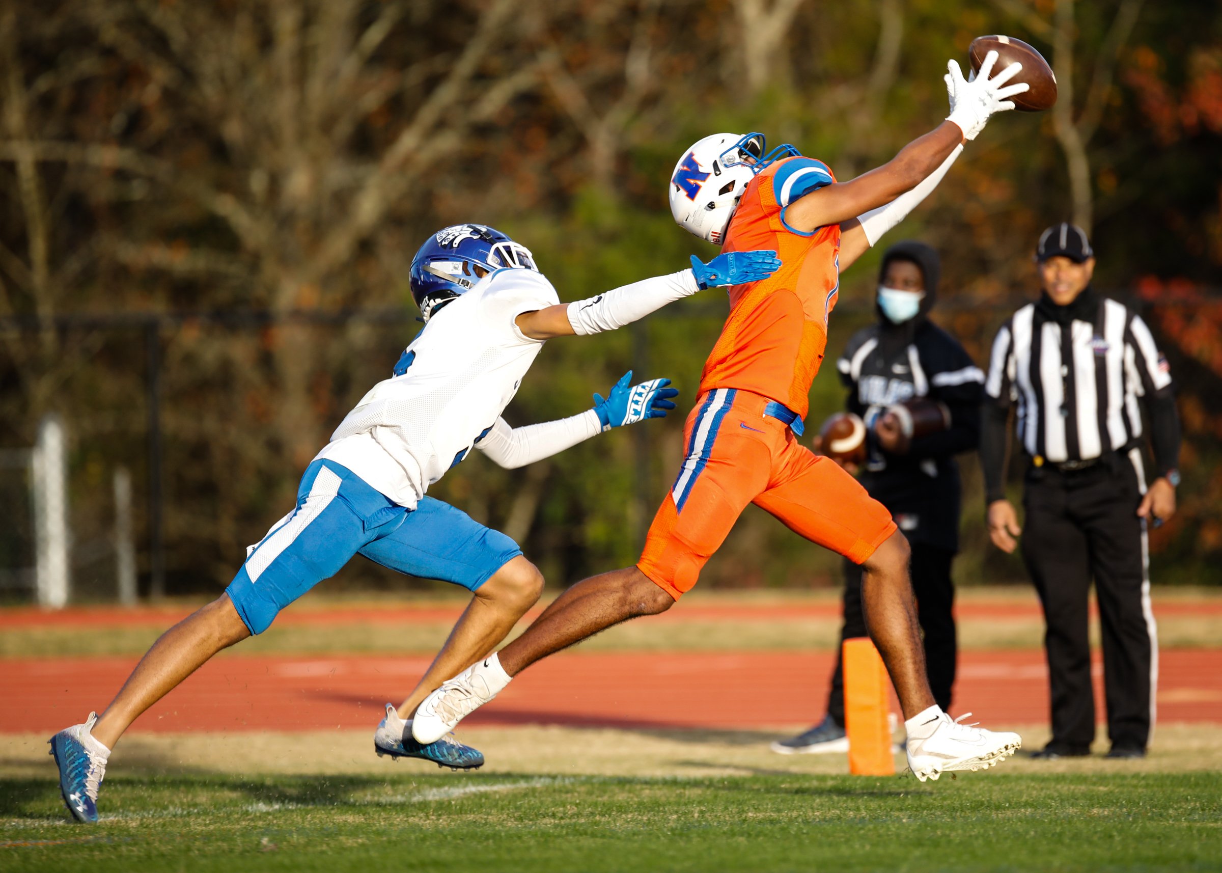 Staff photo by Troy Stolt / Northwest Whitfield wide receiver Ray Morrison makes a catch during a home game against Stephenson in the first round of the GHSA Class AAAA playoffs in November 2020.