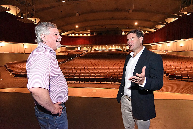 Staff Photo by Matt Hamilton / Executive director Nick Wilkinson, right, and general manager Dave Holscher talk in the main auditorium at the Soldiers and Sailors Memorial Auditorium on Thursday, June 10, 2021.