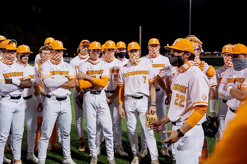 Tennessee Athletics photo / Tennessee baseball coach Tony Vitello speaks to Volunteers players after a 3-1 win over LSU on March 26. The Vols and Tigers meet Saturday night inside Lindsey Nelson Stadium in the opening best-of-three contest of their NCAA tournament super regional.