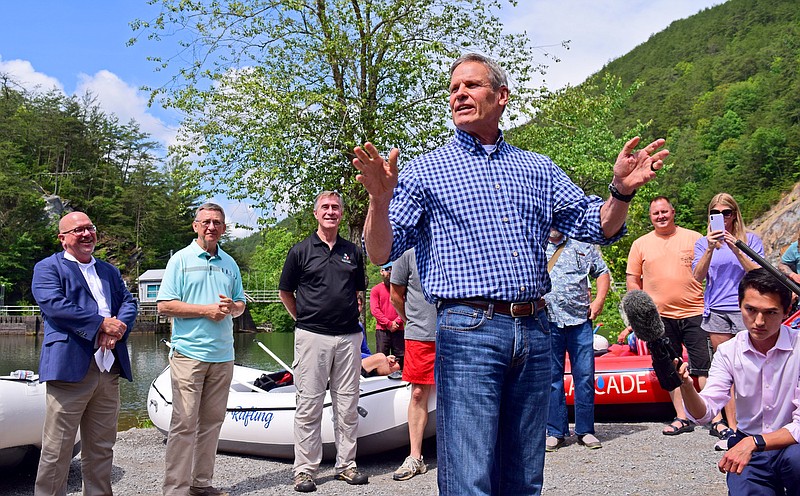 Staff Photo by Robin Rudd / Tennessee Governor Bill Lee speaks to people gathered at the Middle Put-in on the Ocoee River. Tennessee Governor Bill Lee visited the Ocoee River, on June 4, 2021, to celebrate the impact of tourism and also in celebration of the state's 225th birthday.