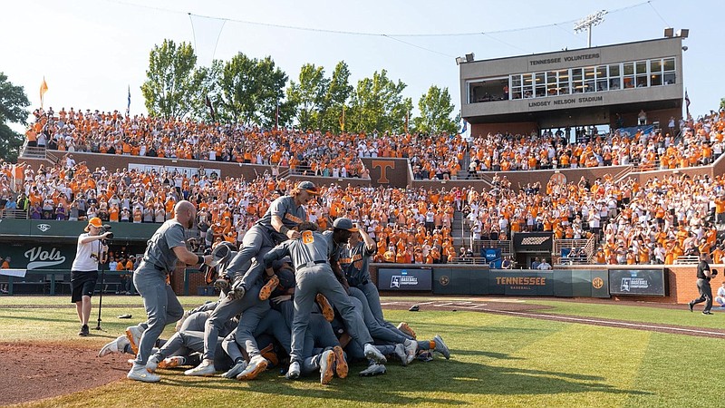 Tennessee Athletics photo / Tennessee baseball players celebrate Sunday after their 15-6 downing of LSU, which clinched the program's trip to the College World Series since 2005.