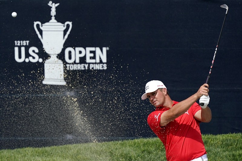 Bryson DeChambeau hits from the 18th green bunker during a practice round of the U.S. Open Golf Championship, Tuesday, June 15, 2021, at Torrey Pines Golf Course in San Diego. (AP Photo/Marcio Jose Sanchez)


