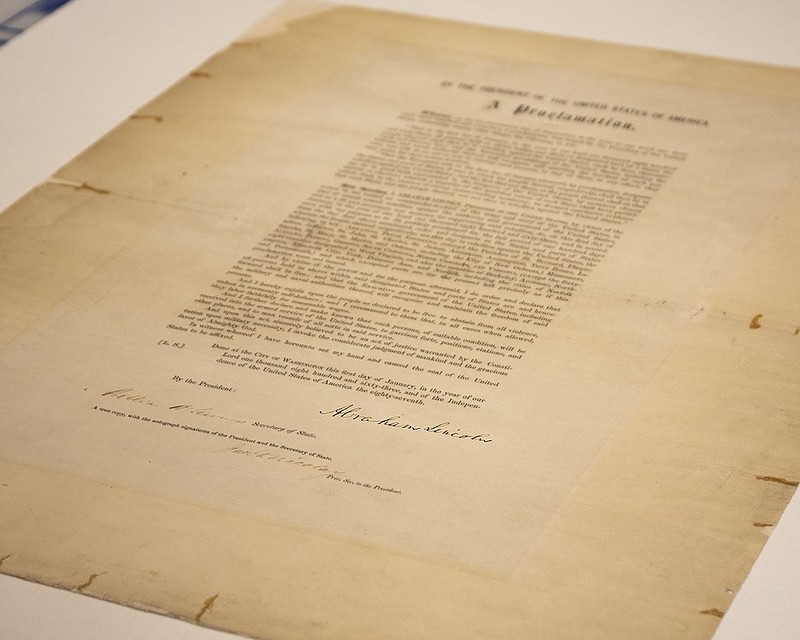 This updated handout photo provided by the Abraham Lincoln Presidential Library and Museum on Tuesday, June 8, 2021 shows a signed copy of Emancipation Proclamation. (Abraham Lincoln Presidential Library and Museum photo via AP)


