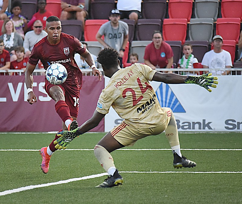 Staff photo by Matt Hamilton / The Chattanooga Red Wolves' Juan Galindrez chips the ball over North Carolina FC's Nicholas Holliday for a goal during Sunday's USL League One match at CHI Memorial Stadium in East Ridge.