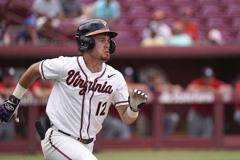 AP file photo by Sean Rayford / Virginia's Logan Michaels played a key role for the Cavaliers in their shutout win against Tennessee on Sunday at the College World Series.