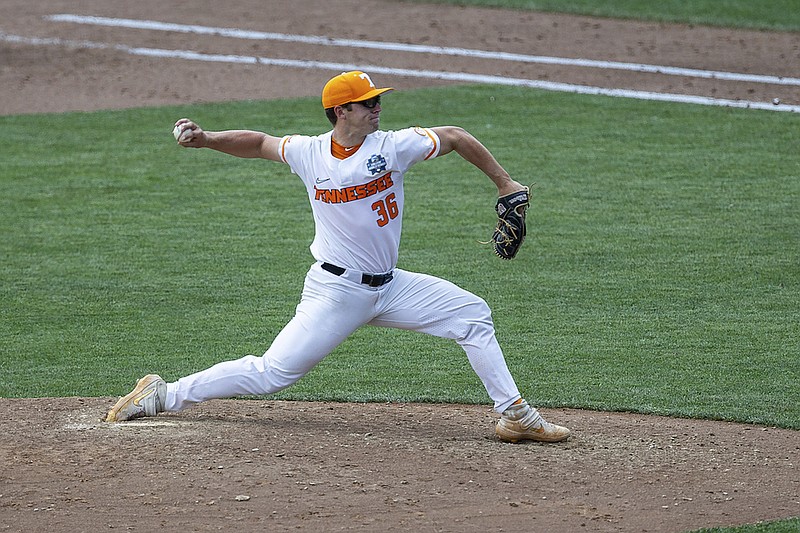 Tennessee's Chad Dallas (36) throws a pitch against Virginia during a baseball game in the College World Series, Sunday, June 20, 2021, at TD Ameritrade Park in Omaha, Neb. (AP Photo/John Peterson)