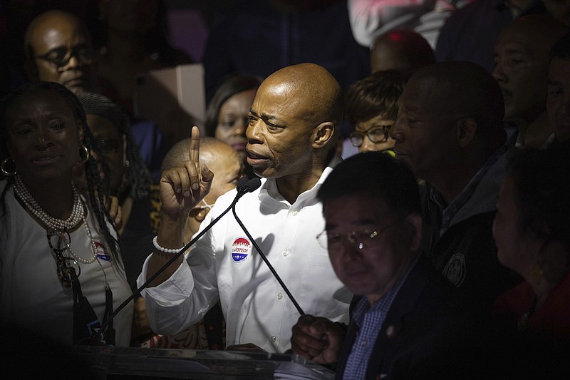 Democratic mayoral candidate Eric Adams speaks at his primary night election party, Tuesday, June 22, 2021, in New York. (AP Photo/Kevin Hagen).