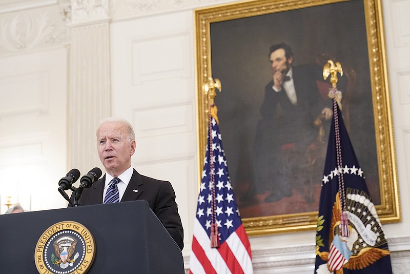 Associated Press photo by Susan Walsh / President Joe Biden speaks during an event in the State Dining room of the White House on Wednesday to discuss gun crime prevention strategy.
