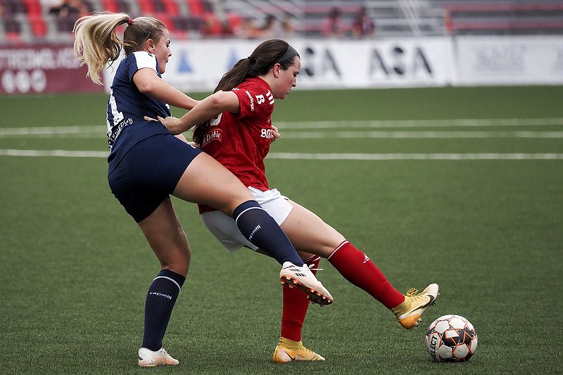 Staff file photo / Hannah Tillett, right, scored for the Chattanooga Lady Red Wolves during their 2-1 home win against the Nashville Rhythm on Friday.