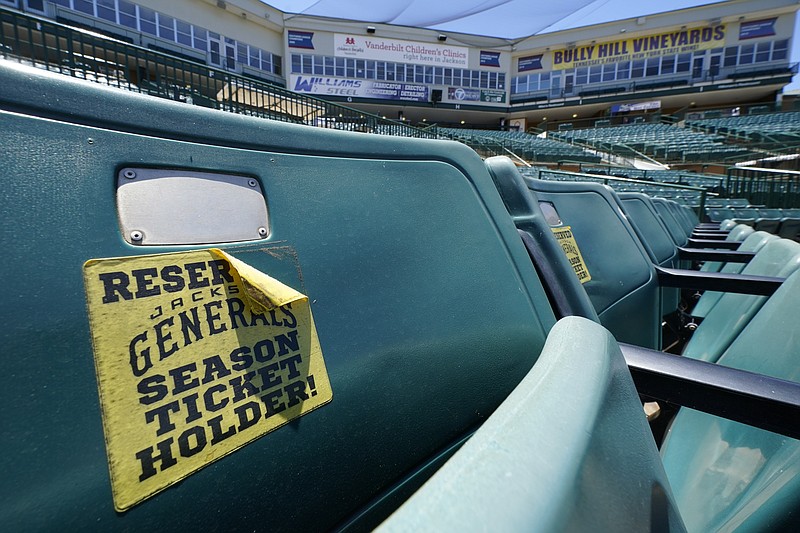 AP photo by Mark Humphrey / A sticker marking a season ticket holder's seat for the Jackson Generals remains attached at The Ballpark at Jackson on Tuesday. When Major League Baseball stripped 40 teams of their affiliation in a drastic shakeup of the minor leagues this past winter, the Tennessee town lost the Generals, which competed in the Southern League as the Double-A affiliate of the Arizona Diamondbacks.