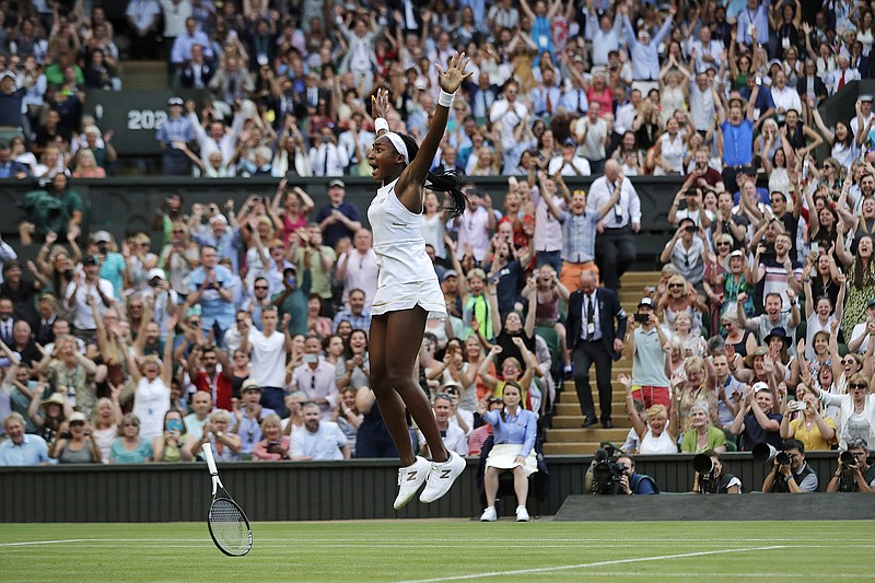 AP photo by Ben Curtis / American teen Coco Gauff celebrates after beating Polona Hercog at Wimbledon July 5, 2019. The grass court Grand Slam wasn't held last year, with the coronavirus pandemic leading to the oldest tennis major being canceled for the first time since World War II.