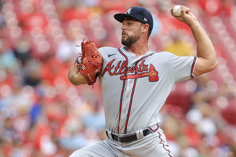 AP photo by Aaron Doster / Kyle Muller pitches for the Atlanta Braves during the first inning of Sunday afternoon's game against the host Cincinnati Reds. Muller earned his first MLB win in his second start, allowing one hit and striking out nine batters in five scoreless innings to help the Braves win 4-0 and split the four-game series.