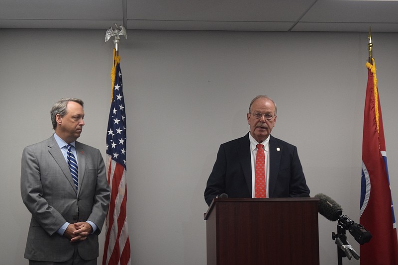 Staff photo by Ben Benton / Bradley County Sheriff Steve Lawson, right, speaks about the fatal shooting of a 53-year-old McDonald man by deputies as 10th Judicial District Attorney General Stephen Crump listens during a press conference held June 28, 2021, in Cleveland, Tenn.