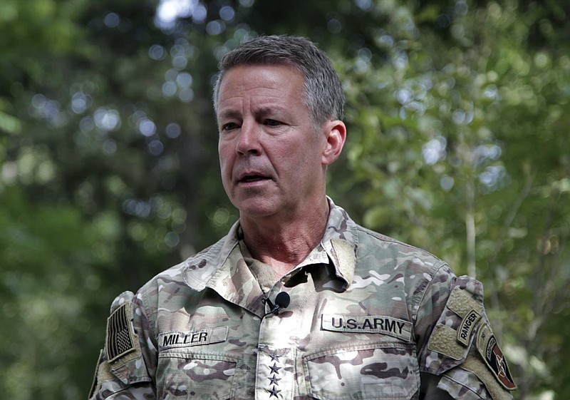 U.S. Army Gen. Austin S. Miller, the U.S.'s top general in Afghanistan, speaks to journalists at the Resolute Support headquarters, in Kabul, Afghanistan, Tuesday, June 29, 2021. (AP Photo/Ahmad Seir)


