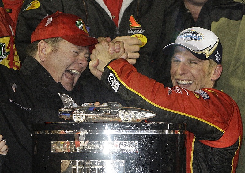 AP photo by John Raoux / NASCAR Cup Series team owner Chip Ganassi, left, and driver Jamie McMurray celebrate after McMurray won the Daytona 500 in February 2020.