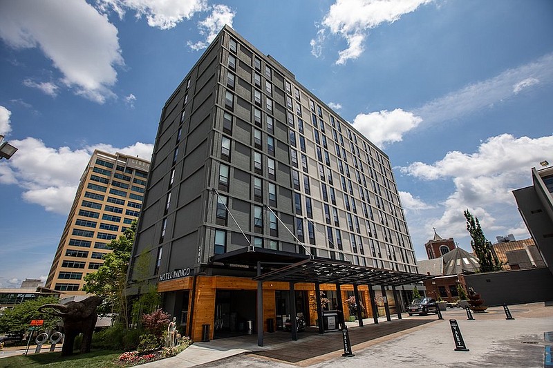 Staff photo by Troy Stolt / The Hotel Indigo at Pine and Sixth streets marks a new boundary for the expanded West Village.