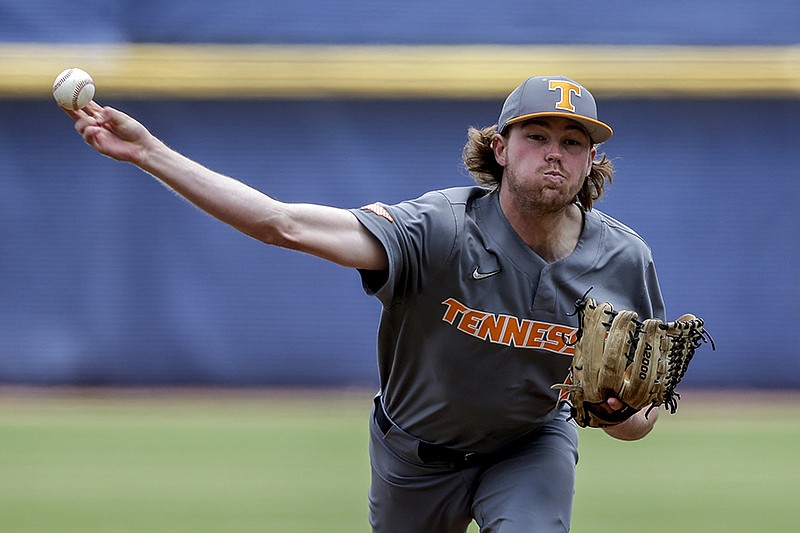 Tennessee pitcher Camden Sewell throws against Florida in the first inning of an NCAA college baseball game during the Southeastern Conference tournament Saturday, May 29, 2021, in Hoover, Ala. (AP Photo/Butch Dill)