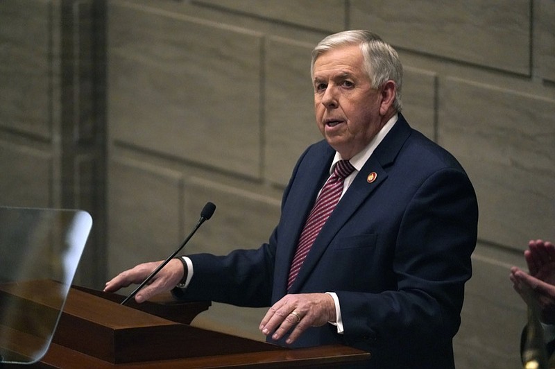 FILE - In this Jan. 27, 2021 file photo, Missouri Gov. Mike Parson delivers the State of the State address in Jefferson City, Mo. (AP Photo/Jeff Roberson, File)

