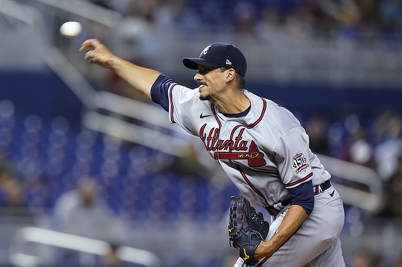 Atlanta Braves' Charlie Morton delivers a pitch during the first inning of the team's baseball game against the Miami Marlins, Friday, July 9, 2021, in Miami. (AP Photo/Wilfredo Lee)