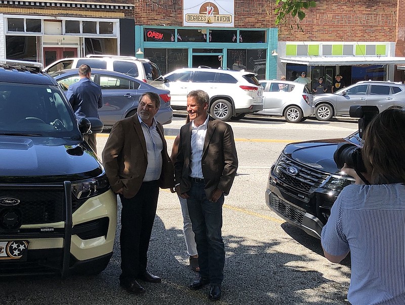 Gov. Bill Lee speaks with Jackson County, Tenn., Mayor Randy Heady on Thursday, July 8, 2021, in Gainesboro prior to the governor speaking to crowd for an event celebrating Tennessee's 225th anniversary year of becoming a state. (Andy Sher/Times Free Press)