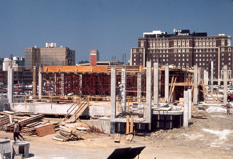The Chattanooga-Hamilton County Bicentennial Library is shown under construction in 1975. / News-Free Press photo archived at ChattanoogaHistory.com.