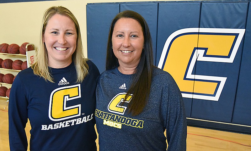 Staff photo by Matt Hamilton / UTC women's basketball coach Katie Burrows, left, has filled a vacancy on her staff by hiring her older sister Kristen Clounch, right, a longtime coach at Lookout Valley High School.