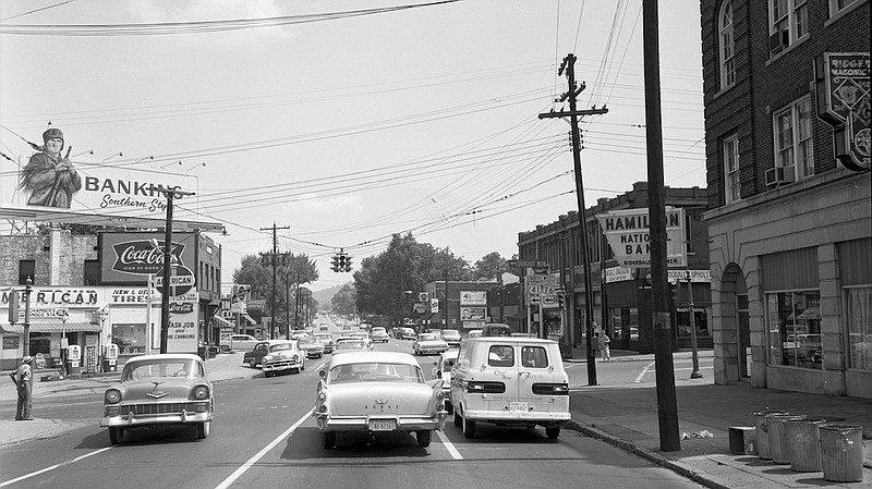 Pictured in 1962 is the intersection of Main Street and Dodds Avenue. The Ridgedale neighborhood was a vibrant commercial district. Contributed photo by EPB from ChattanoogaHistory.com.