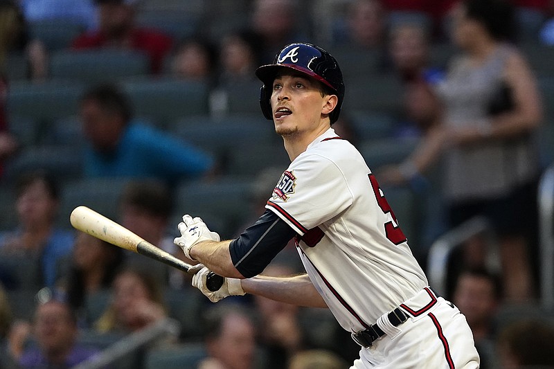 AP photo by John Bazemore / Atlanta Braves pitcher Max Fried hits a two-run double in the fourth inning of Saturday night's home game against the Tampa Bay Rays.
