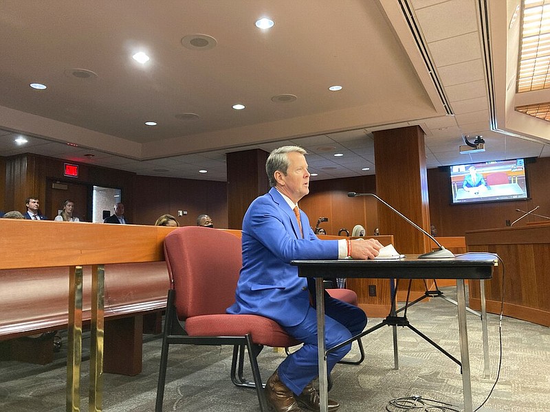 Georgia Gov. Brian Kemp speaks to a state House committee in Atlanta on Monday, July 19, 2021. Kemp says he will ask lawmakers to consider new laws to combat crime in Atlanta during a special legislative session this fall. (AP Photo/Jeff Amy)