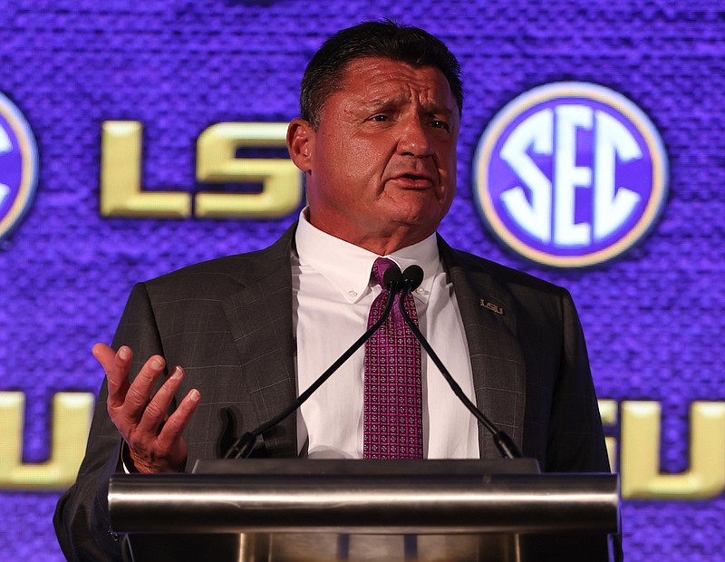 LSU head coach Ed Orgeron speaks to the media during the 2021 SEC Football Kickoff Media Days on July 19,2021 at the Wynfrey Hotel,Hoover,Alabama. (Jimmie Mitchell/SEC)