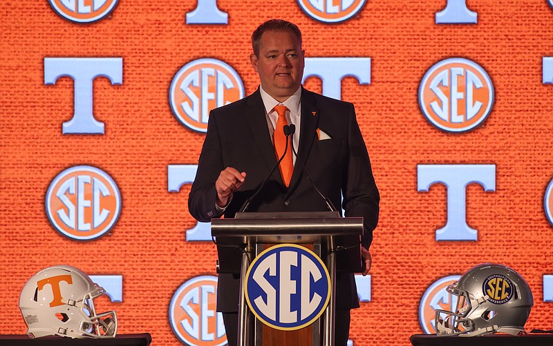 SEC photo by Jimmie Mitchell / Tennessee football coach Josh Heupel speaks Tuesday during his first appearance at Southeastern Conference Media Days in Hoover, Alabama.