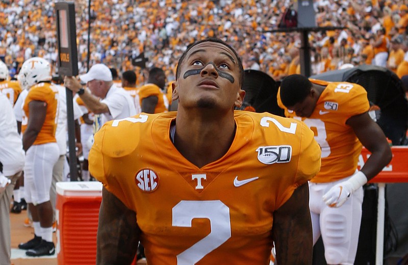 THUMBNAIL: Tennessee defensive back Alontae Taylor (2) looks up after praying before kickoff agianst BYU during a NCAA football game at Neyland Stadium on Saturday, Sept. 7, 2019 in Knoxville, Tenn.