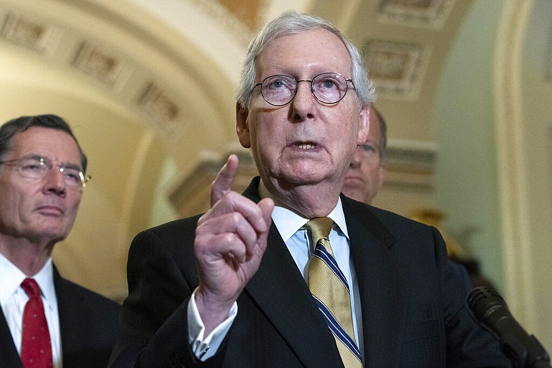 Senate Minority Leader Mitch McConnell, R-Ky., speaks to the media after a GOP policy luncheon, on Capitol Hill i on Capitol Hill in Washington, Tuesday, July 20, 2021. (AP Photo/Jose Luis Magana)