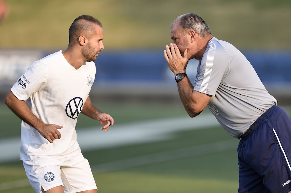 Staff Photo by Robin Rudd / CFC associate head coach Peter Fuller gives instructions to Joao Costa (8). The Chattanooga Football Club hosted Detroit City on Oct. 5, 2019.