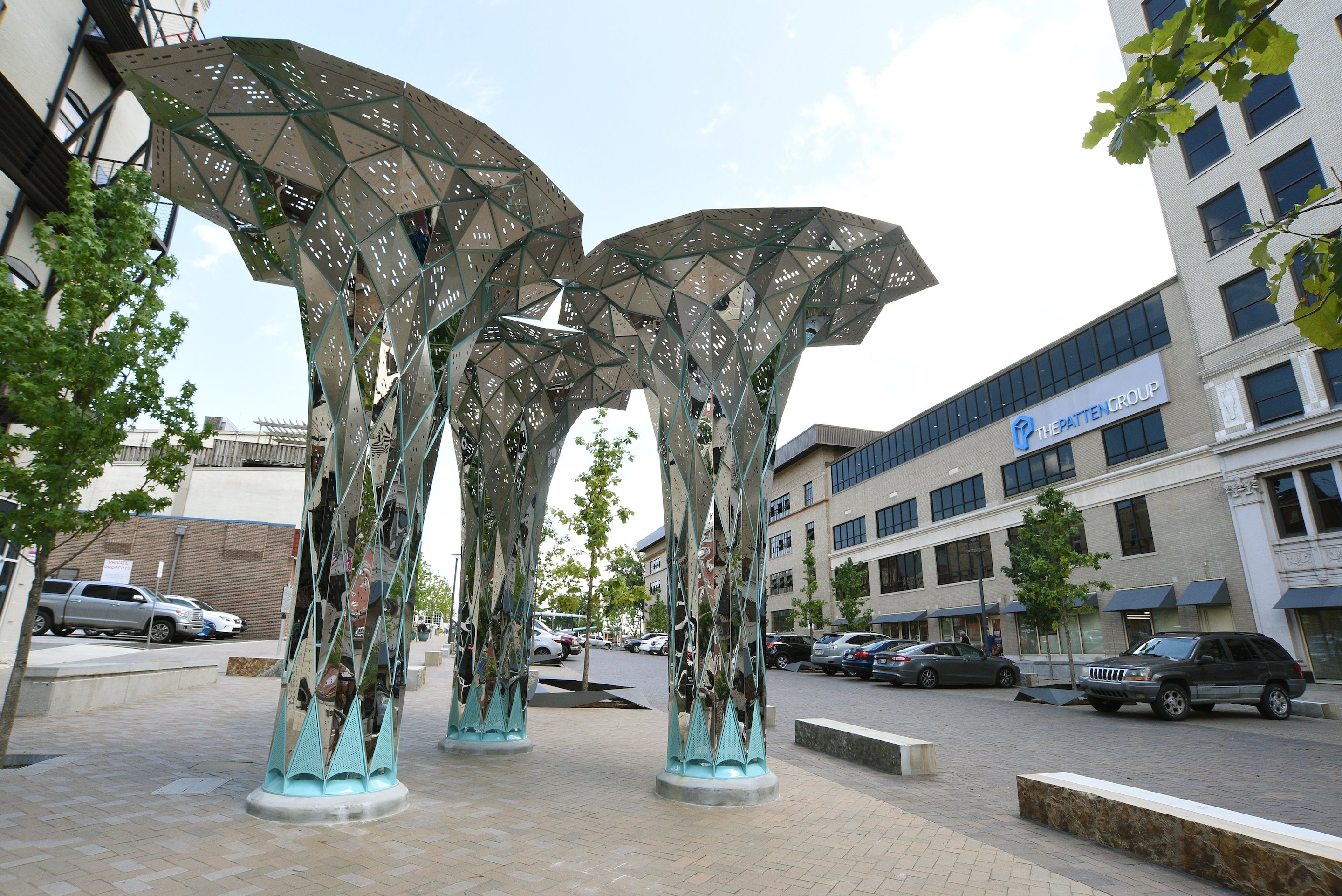 Staff Photo by Matt Hamilton / "Radiance," a public art canopy created by the group FUTUREFORMS, stands in the newly-renovated Patten Square on Wednesday, July 21, 2021.