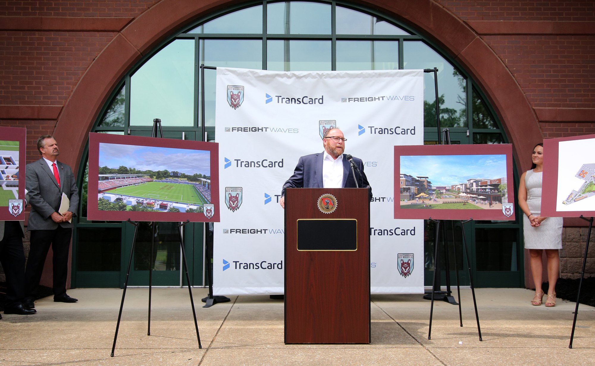 Staff file photo / Sean McDaniel, president of the Chattanooga Red Wolves, speaks about the new soccer complex that is proposed for a site in East Ridge during a press conference Thursday, April 25, 2019, at East Ridge City Hall in East Ridge, Tennessee. The Red Wolves are planning to build a new 5,500-seat facility by Camp Jordan.