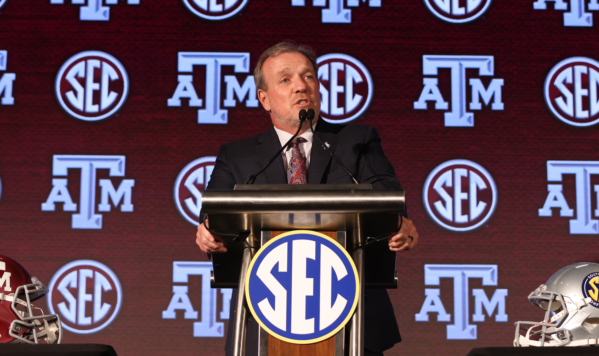 SEC photo by Jimmie Mitchell / Texas A&M football coach Jimbo Fisher was asked Wednesday afternoon at SEC Media Days about a Houston Chronicle report that Texas and Oklahoma had reached out about joining the Southeastern Conference.
