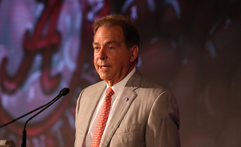 SEC photo by Jimmie Mitchell / Alabama football coach Nick Saban speaks Wednesday morning during Southeastern Conference Media Days in Hoover, Alabama.