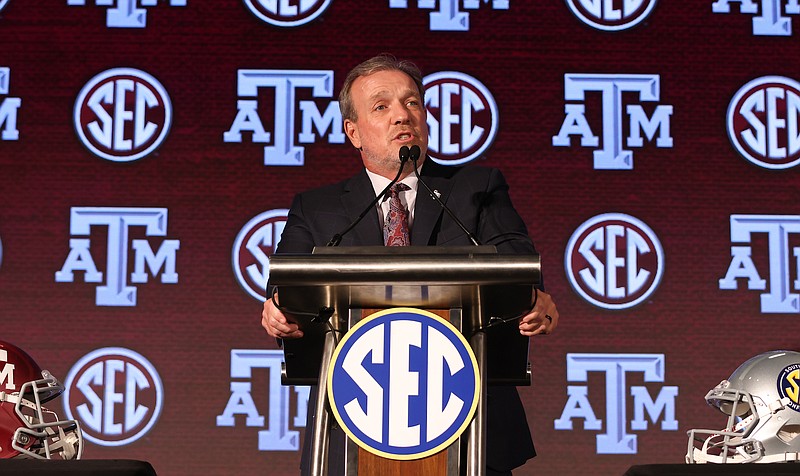 SEC photo by Jimmie Mitchell / Texas A&M football coach Jimbo Fisher was asked Wednesday afternoon at SEC Media Days about a Houston Chronicle report that Texas and Oklahoma had reached out about joining the Southeastern Conference.