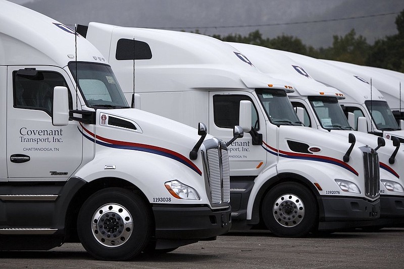 Staff file photo  / Covenant Transport trucks line up at the company's Chattanooga headquarters.