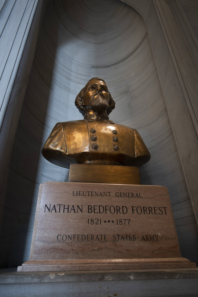 The bust of Nathan Bedford Forrest rests in the State Capitol Thursday, July 22, 2021 in Nashville, Tenn. The State Building Commission on Thursday gave approval for the relocation of the Forrest bust to the Tennessee State Museum, a final step in a process that has taken more than a year since Gov. Bill Lee first said it was time for the statue to be moved. (George Walker IV/The Tennessean via AP)