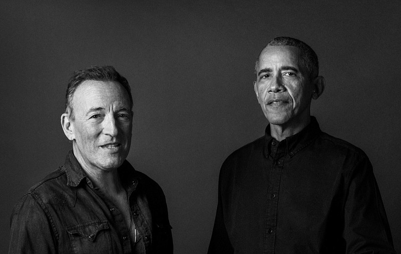 In this image provided by Rob DeMartin, former President Barack Obama and musician Bruce Springsteen pose for a photo. There's a new chapter in the friendship between Barack and the Boss. "Renegades: Born in the USA" is a bound edition of the popular "Renegades" podcast featuring conversations on everything from fame to cars to the country itself between Obama and Springsteen. The book is scheduled to come out Oct. 26, 2021. (Rob DeMartin via AP)