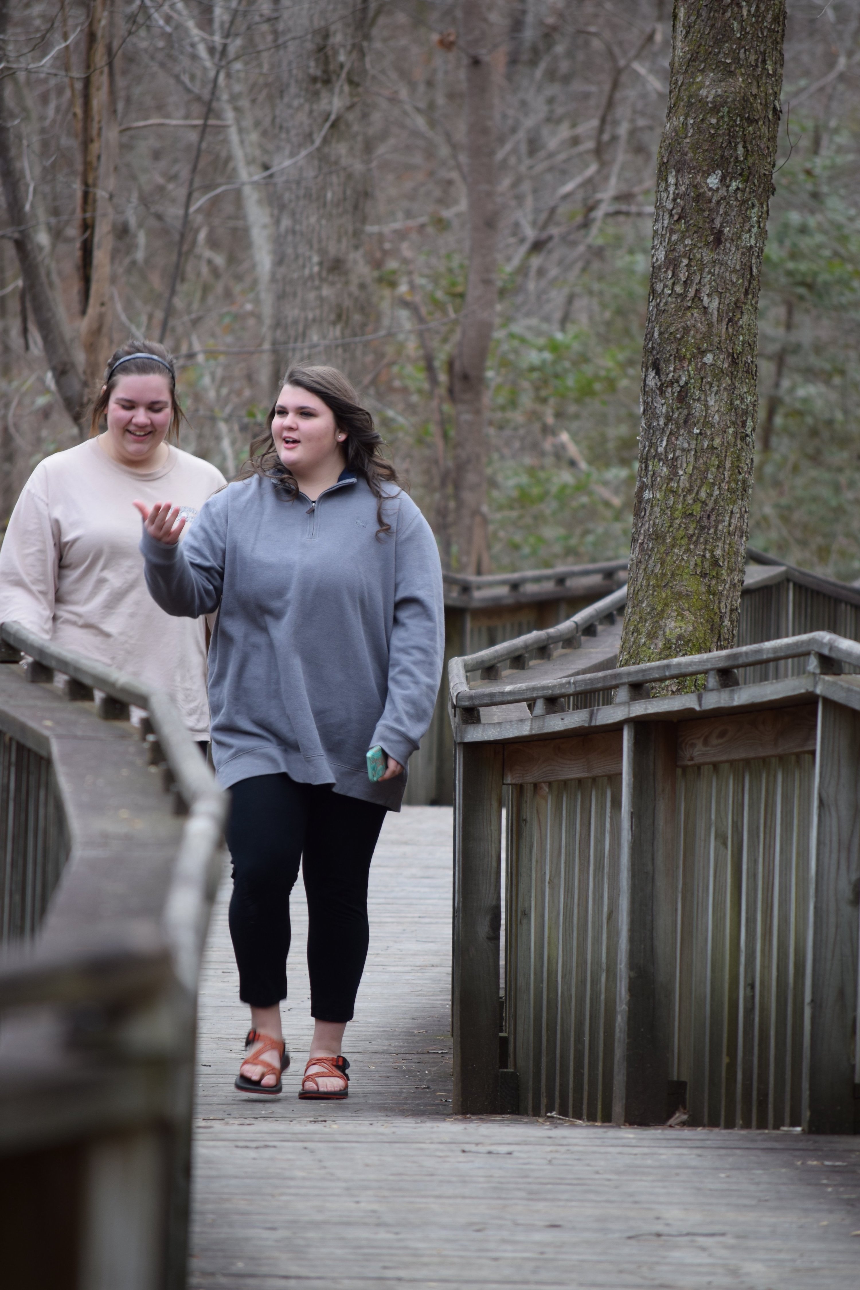 Staff Photo by Ben Benton / DeSoto State Park on Lookout Mountain in Alabama has undergone several additions and updates, including the addition of a new "pioneer" cabin to park amenities. Here from left, Kaitlyn Burt and Emma Betz of Fort Payne, walk along the 1,000-foot-long Talmadge Butler Boardwalk Trail, one of the many hiking trails in the park in 2013.