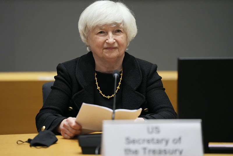 FILE - In this July 12, 2021 file photo, U.S. Treasury Secretary Janet Yellen prepares to speak during a meeting of eurogroup finance ministers at the European Council building in Brussels. (AP Photo/Virginia Mayo, File)


